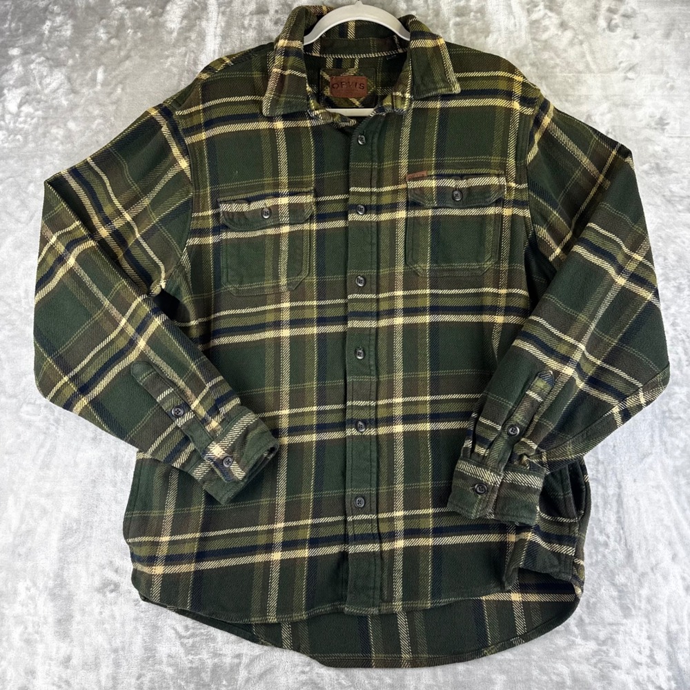 Orvis Flannel Shirt Mens Large Green Plaid Heavyweight Cotton Button Down (1605)